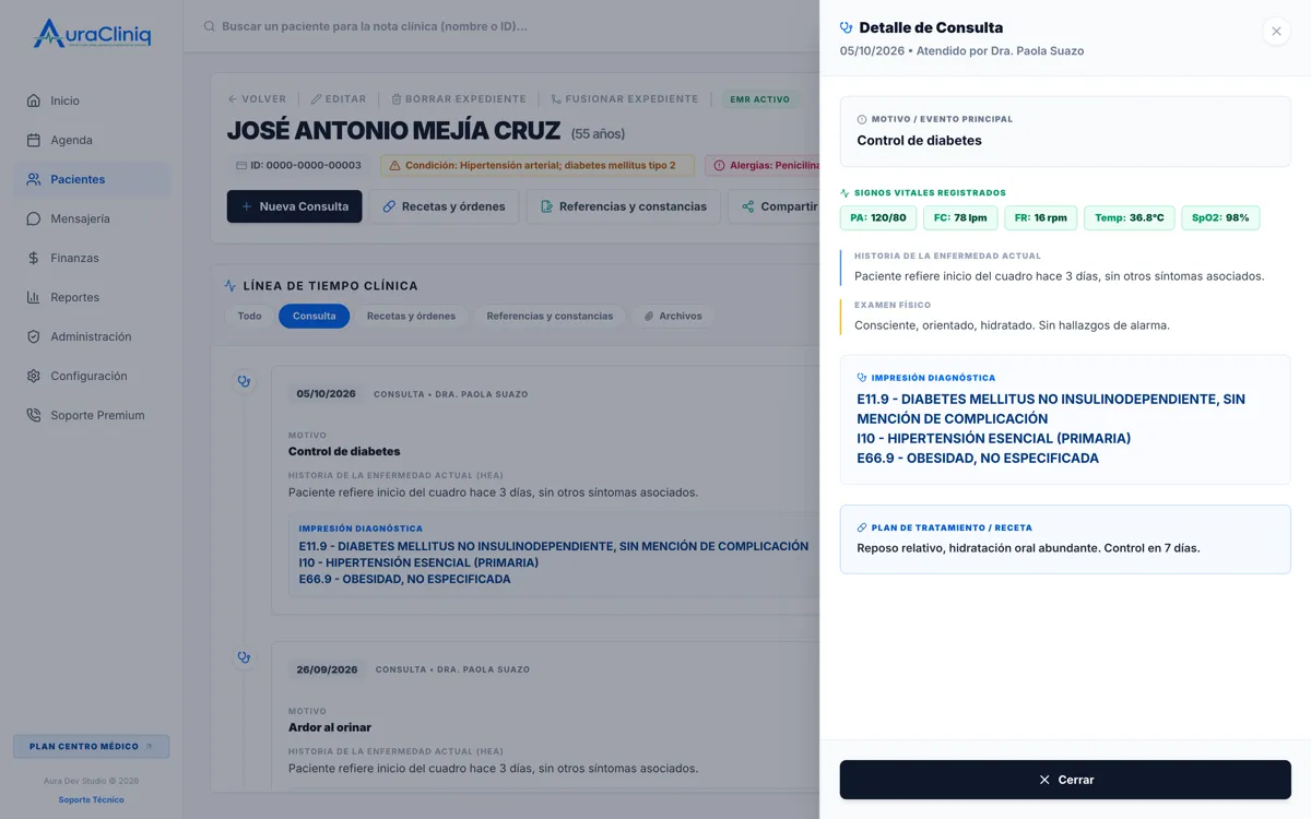 Detalle de una consulta en AuraCliniq con tres diagnósticos CIE-10, signos vitales y plan de tratamiento