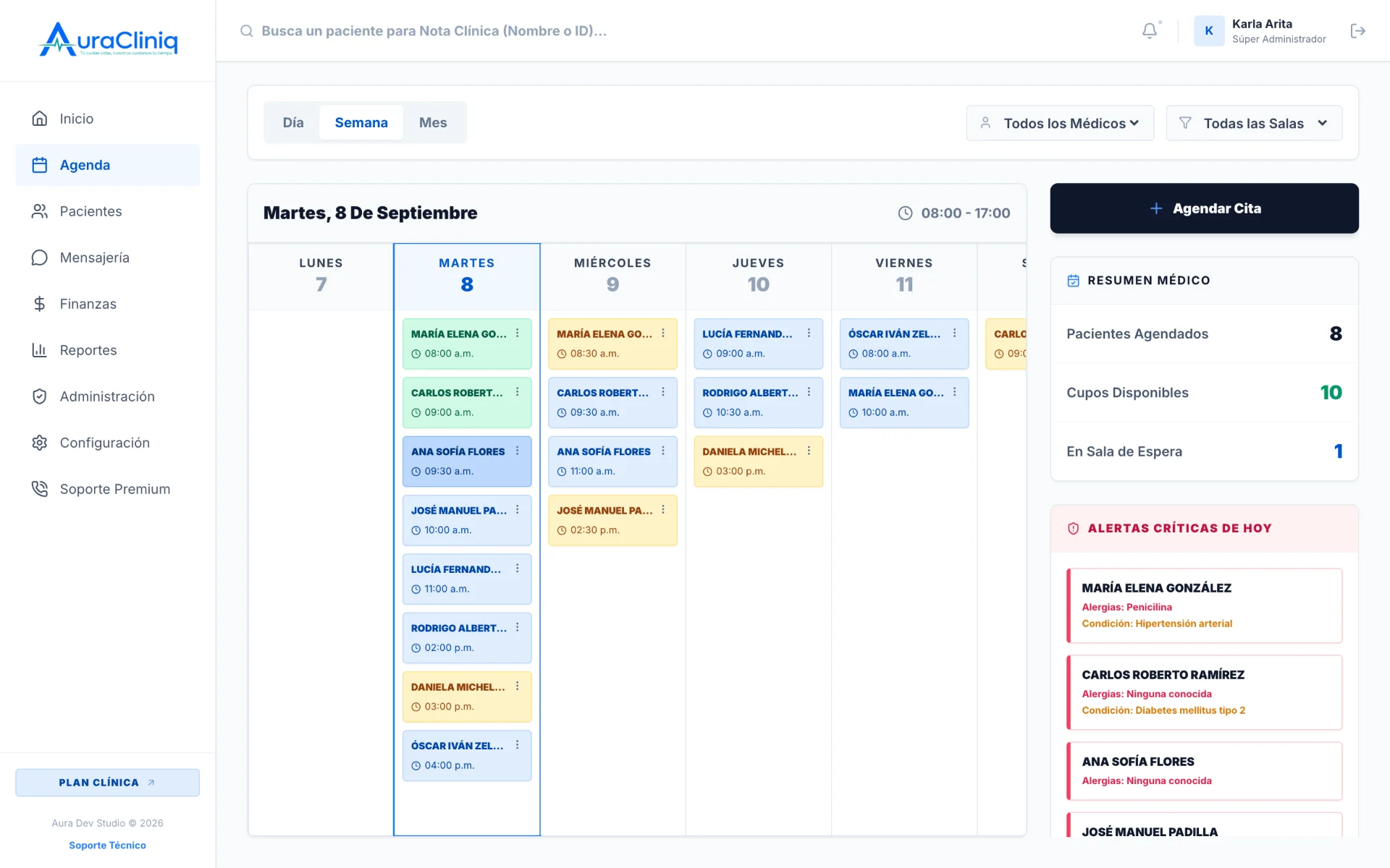 Agenda semanal de AuraCliniq con las citas de la semana, filtro por médico y panel de alertas críticas del día