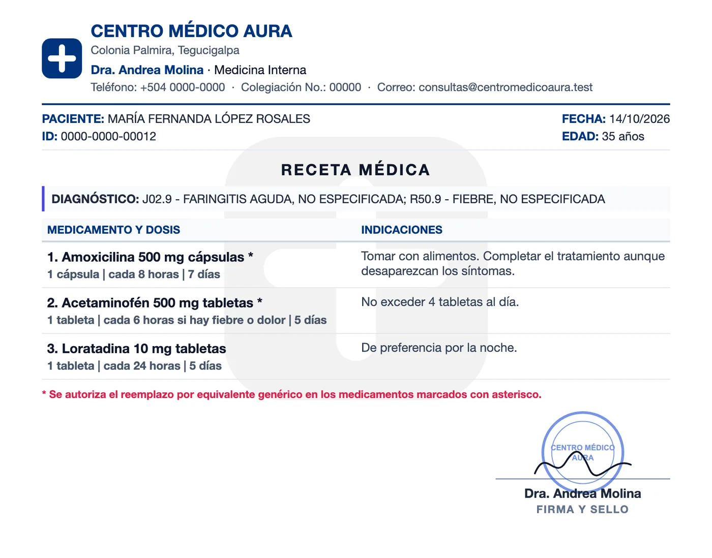 Receta médica impresa con AuraCliniq: logo de la clínica, datos del médico con número de colegiación, paciente, edad, diagnóstico CIE-10, tres medicamentos con dosis e indicaciones, reemplazo por genérico, firma y sello